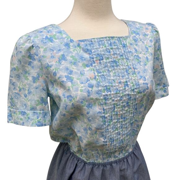 VTG Day Dress The Jones Girl Sz 12 Blue Floral Midi Pleated Feminine 50s 60s - Picture 4 of 13